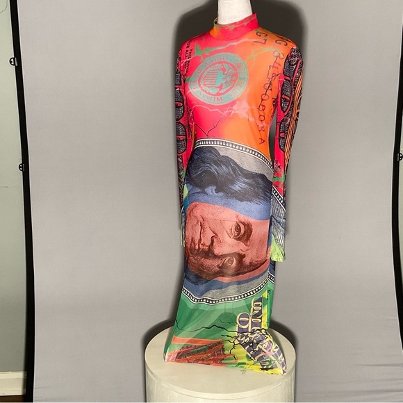 No 1 Los Angeles Long Sleeve Stretch Dollar Print Mesh Bodycon Sexy Maxi Dress - Picture 13 of 14